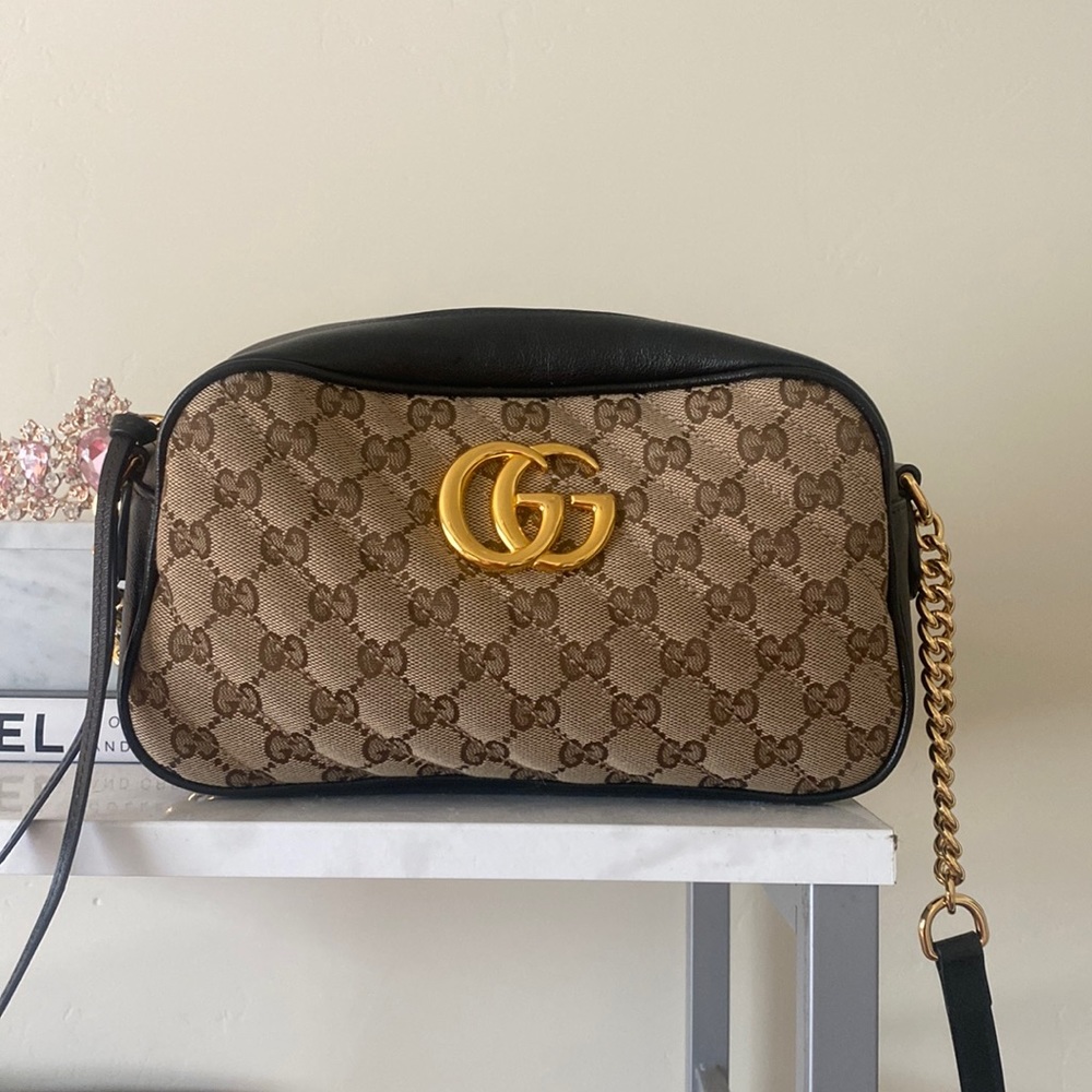 Gucci Original Monogram Matelasse Diagonal Small GG Marmont Chain Shoulder Bag
